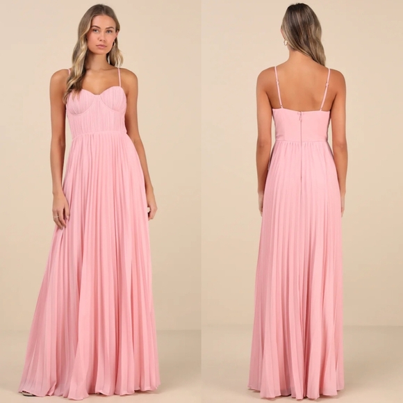 Lulus Admirable Elegance Light Pink Pleated Bustier Maxi Dress S Wedding Party - Picture 1 of 9